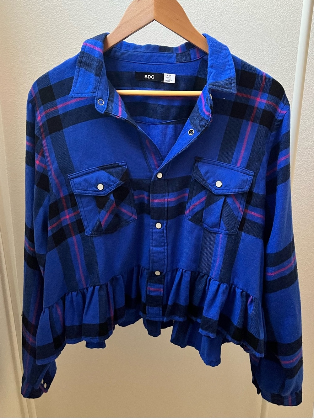 BDG Blue Plaid Ruffle-Hem Button Front Blouse